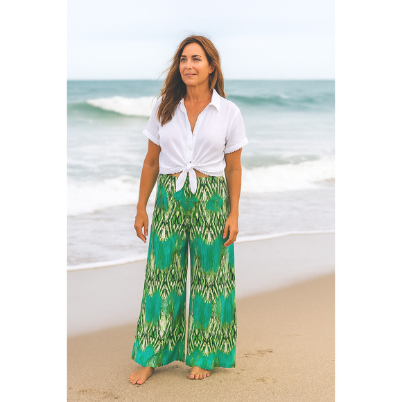 Patti Biggs Pants - Patti Biggs Vintage green Palazzo pull-on Pants M Hippie Boho Tropical tencel